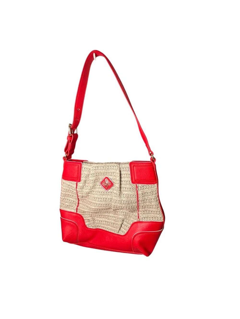 NEW Simply Vera Vera Wang Woven Straw Shoulder Bag Red Beige Faux Leather Trim